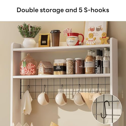 LIKIMIO Baker Rack with Spill-Safe Power Outlet & Drawer, White | Coffee Bar Cabinet with Storage, Farmhouse Microwave Stand with Hutch and 5 Hooks for Kitchen - color: White
