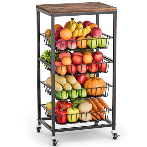 Fruit Vegetable Cart, 4-Tier Snack & Kitchen Cart on Wheels with Storage, Pull-Out Baskets & Wood Top, Rolling Organizer for Pantry, Living Room (Brown) - color: Brown