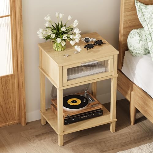 Nightstand Wooden Bedside Table with Drawer Natural Wood Night Stands Modern Style Small End Table Side Table with Storage Shelf for Bedroom Living Room MLBZ10YEV - color: Natural