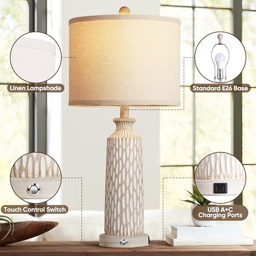 QiMH 26" Lamps for Bedroom with USB A+C Ports, Farmhouse Bedside Lamps Set of 2, Touch Control 3-Way Dimmable, Modern Off-White Resin Table Lamps for Living Room Foyer, Included 2700K LED Bulbs - color: Beige white
