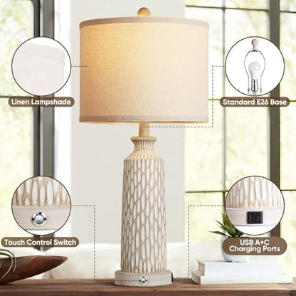 QiMH 26" Lamps for Bedroom with USB A+C Ports, Farmhouse Bedside Lamps Set of 2, Touch Control 3-Way Dimmable, Modern Off-White Resin Table Lamps for Living Room Foyer, Included 2700K LED Bulbs - color: Beige white