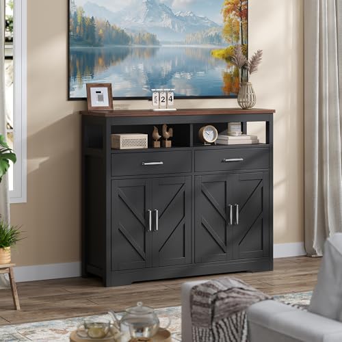 knoworld Buffet Sideboard with Storage Farmhouse with 4 Doors, 47'' Large Kitchen Storage Cabinet Wood Coffee Bar Cabinet Buffet Table with Shelves for Kitchen, Dining Room, Entryway, 47" W Black