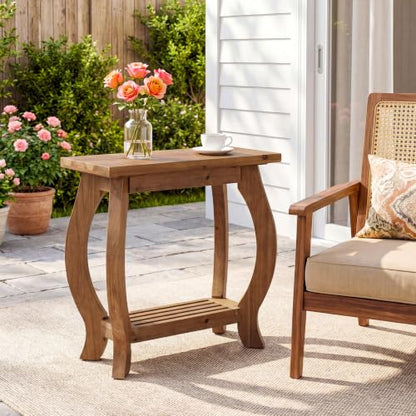 Narrow Side Table, 2-Tier Solid Wood End Table with Storage Shelf, Curved Legs Farmhouse Nightstand for Small Spaces, Bedroom, Living Room,(2,Brown)