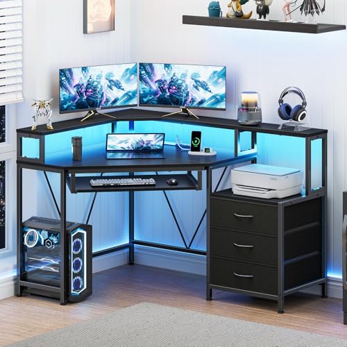 47" Corner Desk with Drawers, Power Outlets ＆ Printer Shelf for Small Space | Small Computer Desk with Monitor Stand, Triangle Gaming Desk with LED Lights and Keyboard Tray, Black - color: Black