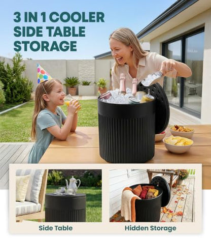 PASAMIC Outdoor Cooler Side Table, 3-in-1 Patio Ice Cooler Table with Storage, HDPE Outdoor Table with Drain Plug, Holds 24 Cans & Fits Wine Bottles, Poolside Deck Backyard (Charcoal)