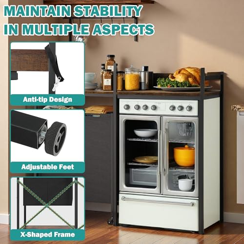 YITAHOME Kitchen Microwave Stand Bakers Rack with Shelf | 55" Large Kitchen Storage Shelf w/Rolling Wheeled Storage Baskets/Hooks, Coffee Bar Table Station w/Dining Room, Retro Brown - size: 54.3"x76.6"