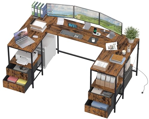 YOSHOOT 67" U Shaped Computer Desk, Reversible L Shaped Gaming Desk | Corner Desk with Power Outlets, 4 Drawers, 2 Storage Shelf, Computer Table with 4 Installation Methods, Rustic Brown - color: Rustic Brown, size: 35.4"D x 66.9"W x 30.3"H