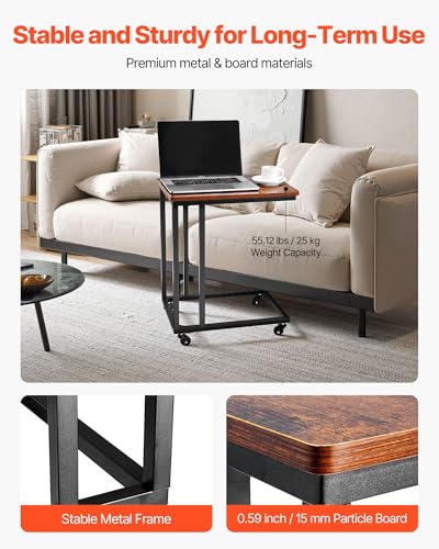VEVOR C Table, C Shaped Sofa Side Table with Metal Frame Rolling Casters, Portable C Shaped End Stand for Living Room Bedroom Office, 19.69 x 13.78 x 23.82 inches Laptop Side Tables, Brown and Black - style: Normal