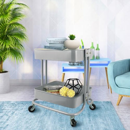 PUNP 2 Tier Rolling Cart，Metal Utility Cart with Wheels and Cover for Office Home Kitchen Organization - color: Dark Grey