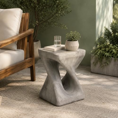 IRONORA Concrete Look Twisted Hollow Pedestal Side Table, Hourglass Sculpture Accent End Table, Weather Resistant Decor Plant Stand for Living Room Covered Patio Wabi Sabi Industrial Decor - color: Style A-grey