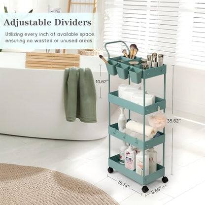 danpinera Slim Storage Cart on Wheels, 4 Tier Narrow Laundry Cart with Hooks Hanging Cups Dividers Mobile Rolling Lash Cart with Handle for Bathroom Small Spaces, Green - style: 4 Tier Green