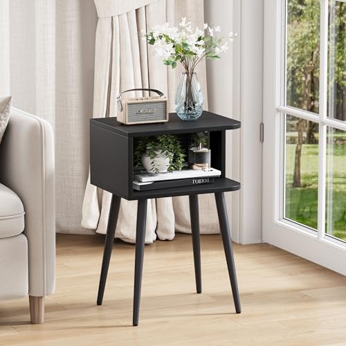 Black Nightstand Set of 2, Small Bed Side Table for Small Spaces, Mid Century Modern Nightstand End Table with Open Storage, Side Table for Bedroom Living Room, MLBZ20B-2 - color: Black