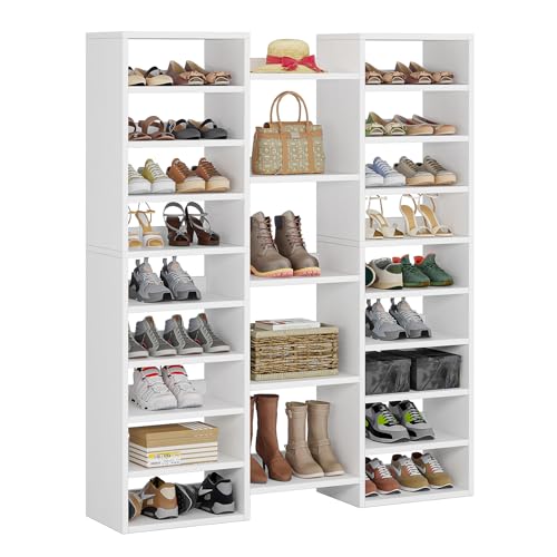 Little Tree 14-Tier Shoe Rack, Freestanding Tall Shoe Shelf, White Wooden Shoe Storage Cabinet with 22 Open Cubbies, 46 Pairs Wide Entryway Shoe Organizer Shoe Cabinet for Living Room, Bedroom