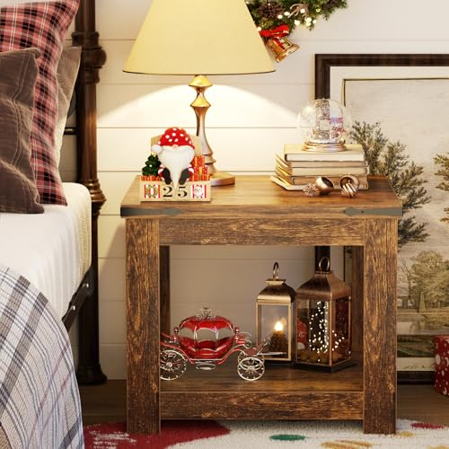 Homieasy End Table, 20x20 Inch Square Side Table for Living Room, Large Wood Accent Table with Storage Shelf, Modern Farmhouse Nightstand Bedside Table, Rustic Brown - color: Rustic Brown
