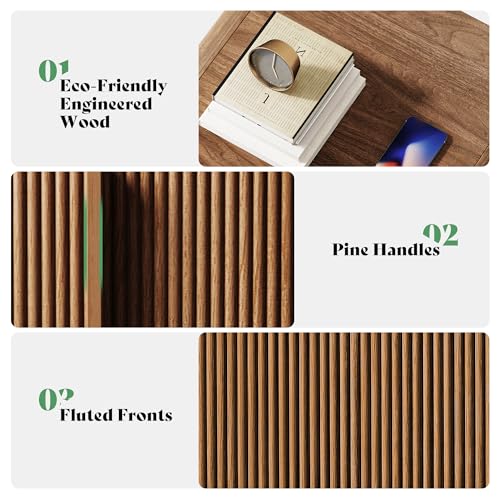 AMERLIFE Fluted Night Stand with Storage Drawers, Modern Small Nightstand & Bedside Table with Open Shelf, Curved Profile Design & Pine Handles, Wood End Table for Bedroom, Walnut - color: Walnut