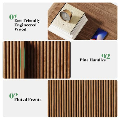 AMERLIFE Fluted Night Stand with Storage Drawers, Modern Small Nightstand & Bedside Table with Open Shelf, Curved Profile Design & Pine Handles, Wood End Table for Bedroom, Walnut - color: Walnut