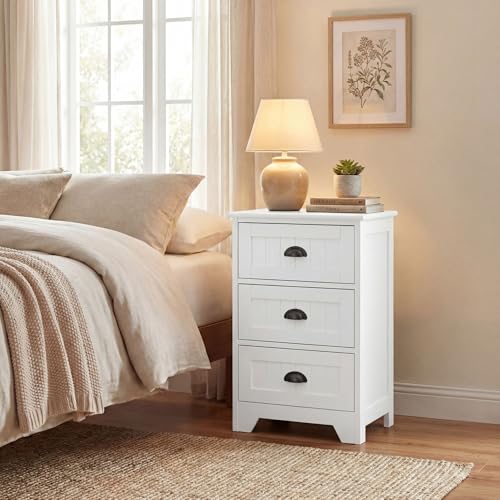 Giantex Nightstand with 3 Drawers, Bedside Table with Exquisite Metal Handles, Accent Table Sofa Side Table with Anti-toppling Device for Bedroom, Study, White - color: White
