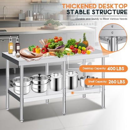 Jocisland 30" x 60" Stainless Steel Table for Prep & Work, Food-Grade Stainless Steel Adjustable Under Shelf and Feet, for Commercial Kitchen, Restaurant, Hotel and Garage - size: 30x60 in, style: Table