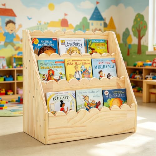 Kids Bookshelf-3-Tier Wooden Book Shelf for Kids Rooms 17.72*16.54*10.63in | Nursery&Toddlers Montessori Bookcase with Deep Storage Pockets, Baby Book Storage,Children's Bookshelf for Nursery&Bedroom - size: Small