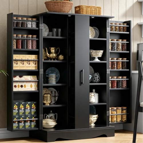 kepptory 47“ Black Kitchen Pantry Cabinet with 3 Doors, Adjustable Shelves, | Pull-Out Side Spice Racks, Freestanding Food Storage Cupboard for Kitchen, Dining Room, Living Room - color: Black, size: 47"H x 29"W x 15.8"D