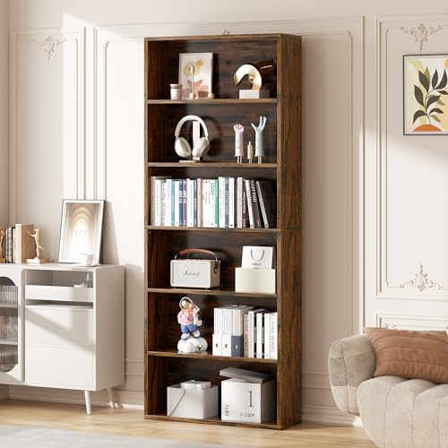 Vongrasig 6-Tier Open Bookcase and Bookshelf, Floor Standing Wood Display Storage Shelves 71 Inch Tall Bookcase Home Decor Furniture for Home Office, Living Room, Bed Room, Rustic Brown - color: Rustic Brown, size: 1 Pack