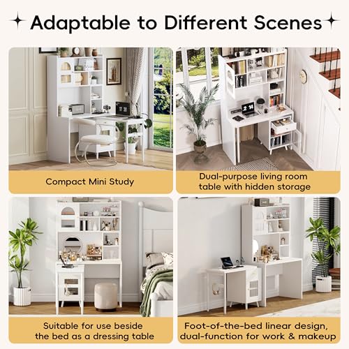 Bellemave Computer Desk with 90 Degree Rotating Desktop, 43x70 Inch Home Office Desk with Drawer and Storage Cabinets, Gaming Desk with Shelves, Writing Desk for Study (White) - color: White