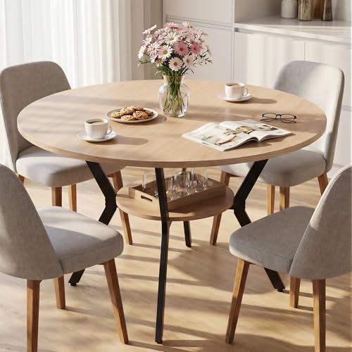 Miereirl 42.13" Round Dining Table for 4, Modern Kitchen Table with Open Storage Shelf, Wood Dining Table for Dining Room, Apartment, Small Spaces - color: Natural