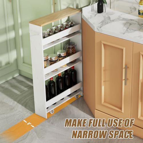 Slim Rolling Storage Cart, 4-Tier Kitchen Utility Carts on Wheels, Wood Shelving Unit Organizer Trolley with Handle, 5” Width Narrow Cart for Small Spaces, Laundry, Bathroom (White & Natural)