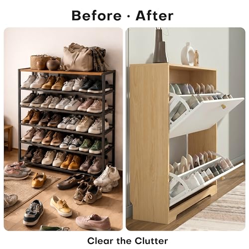 Nicetree Shoe Cabinet with 2 Flip Drawers, Narrow Shoe Organizer Cabinet, Freestanding Shoe Rack Cabinet, Modern Shoe Storage Cabinet for Entryway, Hallway, Foyer, Natural Oak and White with Hook - color: Natural Oak and White, style: 2-Drawers with Hook