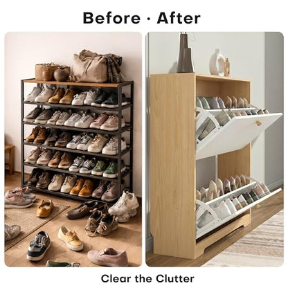 Nicetree Shoe Cabinet with 2 Flip Drawers, Narrow Shoe Organizer Cabinet, Freestanding Shoe Rack Cabinet, Modern Shoe Storage Cabinet for Entryway, Hallway, Foyer, Natural Oak and White with Hook - color: Natural Oak and White, style: 2-Drawers with Hook