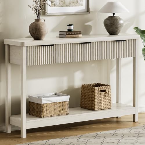 Fluted Console Table, 51 Inch Entryway Table with 3 Drawers | Scandi farmhouse look with quiet full-extension slides, open lower shelf, profile for hallway, entry, foyer or behind sofa. - color: Grey White