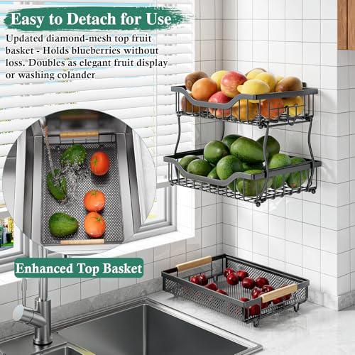 OKZEST 3-Tier Fruit Basket Fits Under Standard Upper Cabinet, 17.2" Tall | 2-In-1 Wall Mount & Countertop. Ultra-Fine Mesh Top Basket & Banana Hangers, Holds Potato, Onion, Bread, Snack, Fruit, Veggie - size: 3-Tier (Top basket with ultra-fine mesh)