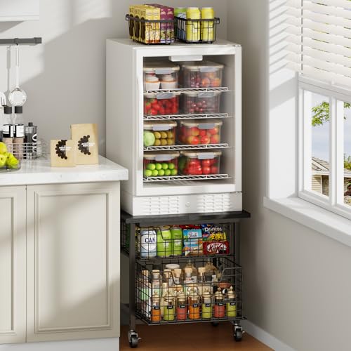 Mini Fridge Stand with Storage, Small Refrigerator Stand with 2 Drawers, Mini Fridge Shelf Cabinet-Max Load 300 LBS Heavy Microwave Stand Mini Fridge Cart for Dorm, Apartment, Kitchen (Black)