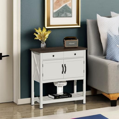 ChooChoo Farmhouse Console Table, Entryway Table with Storage Shelf, Coffee Bar Cabinet, Narrow Buffet Sideboard for Kitchen, Hallway, Living Room, White - color: White