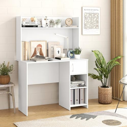 Tangkula Computer Desk with Hutch, Home Office Desk with Raised Display Shelf & 2 Open Shelves, Cabinet with Door, Cable Management Holes, Modern Laptop PC Desk, Study Writing Desk for Bedroom