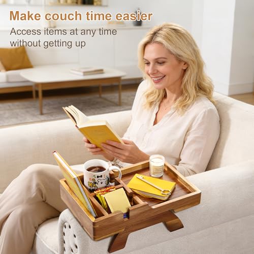 Couch Armrest Table, Acacia Wood Sofa Arm Table with 2 Cup Holders, 15.4"x9.8" Large Foldable Clip on Couch Arm Tray Table with Remotes Storage Slot - color: Acacia