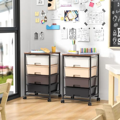 SYKIARIOL Utility Cart with 4 Drawers, Brown | Rolling Storage Cart with Drawers, Storage Rolling Drawer Cart - color: Dark Brown