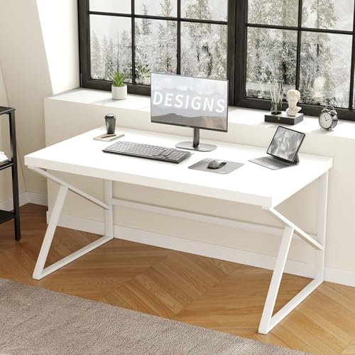HSH White Computer Desk, Modern Wood Home Office Desk, PC Desk for Executive Work Writing Study Gaming Student Bedroom, Farmhouse Simple Wooden and Metal Computer Table Workstation, White Oak 55 Inch - color: White Oak, size: 55 Inch