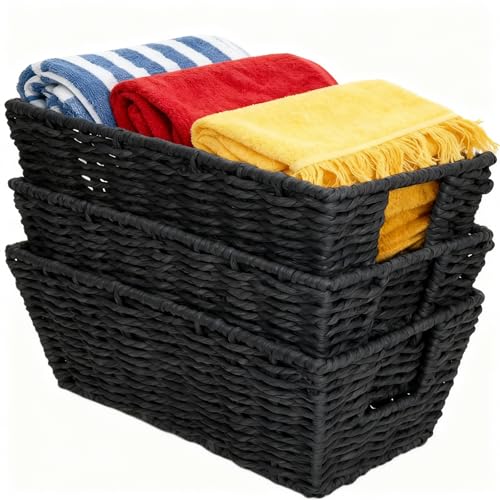 Paper Rope Storage Baskets for Shelves Organizing, Small Hand Woven Wicker Organizer Basket with Handle for Bathroom Toilet Paper Storage, Black, 3-Pack - color: Paper Rope Black, size: 3 Pack