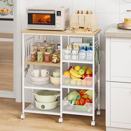 HapiRm Rolling Kitchen Carts with Storage - Microwave Table Stand with 6 Hooks & 3 Baskets, kitchen Island Cart on Lockable Wheels, 28.3" L × 14.6" W Bakers Rack Cart for Dining Room Coffee Bar Office - color: White