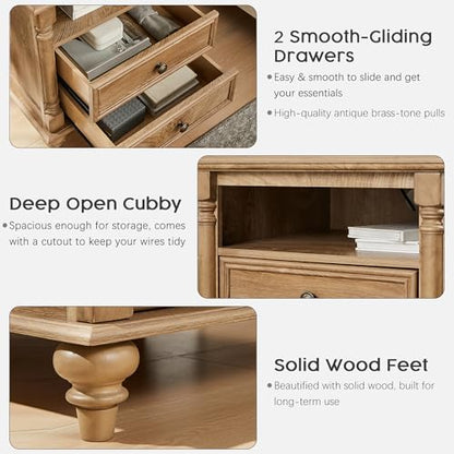 T4TREAM 24" Farmhouse Nightstands with 2 Drawers, Light Tree Knot | 4 Solid Wood Feet, Charging Station, Tall Rustic Wood Square, Sofa Side Table, Living Room, Bedroom - color: Light Tree Knot