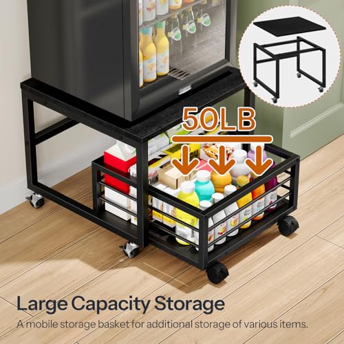 HOOBRO End Table, Mini Fridge Stand with Storage, Mini Fridge Table with Wheels and Adjustable Feet, Sturdy Metal Frame, for Living Room, Bedroom, Office, Black BB155TL01 - color: Black