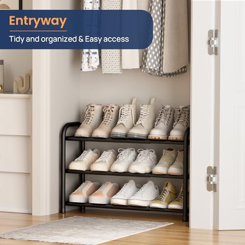 ENJOYBASICS 3 Tier Expandable Shoe Rack for Closet, Free Standing Metal Shoe Shelf Storage Organizer Holder 12 Pairs, Adjustable Width Shoe Rack for Entryway Small Space, Black - size: 3 Tier (6-12 Pairs)
