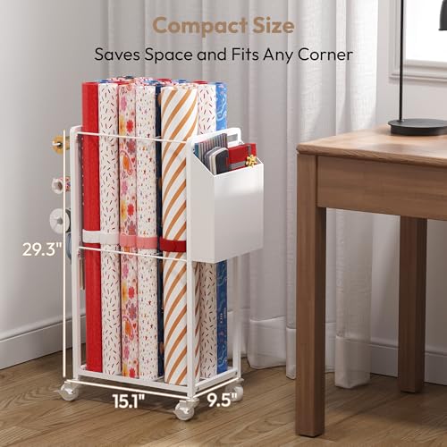 Wrapping Paper Storage Cart Station with 12PCS Slap Bands | Rolling Gift Wrap Storage Organizer, Vertical Wrapping Paper Cart, Ribbon Holder Rack, Craft Organizers and Storage Christmas