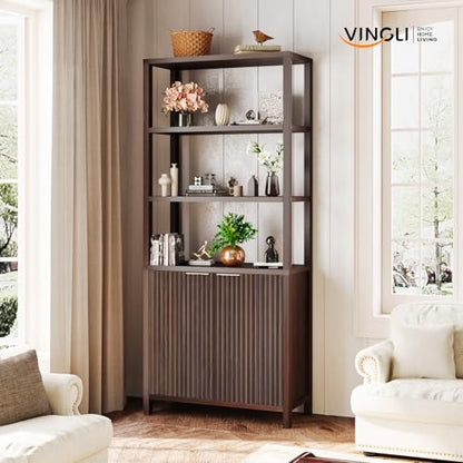 VINGLI Bookcase with Fluted Doors, 71" Wood Storage Cabinet with Adjustable Shelves, 6-Tier Display Cabinet Bookshelf for Study, Living Room, Home Office, Kitchen Pantry, Walnut - color: Dark Walnut