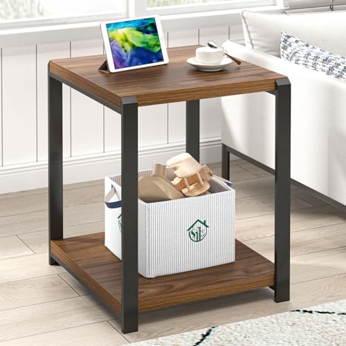 FOLUBAN Modern End Table, Square Side Table with Storage Shelf for Living Room, Rustic Wood Night Stand for Bedroom, Walnut - color: Walnut