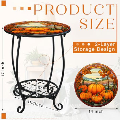 Cinnvoice Outdoor Side Table Round Small Mosaic Patio Accent Indoor End Plant Coffee Tea Table for Yard Patio Porch Garden Living Room, Bedroom(Pumpkin Style,14 Inch) - size: 14 Inch, style: Pumpkin Style