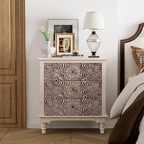 COSIEST 3 Drawers Accent Dresser, Vintage Small Accent Chest with 4 Wood Legs, Free-Standing Buffet Server Nightstand End Table for Bedroom, Living Room, Entryway - color: Wood Color-carved-3 Drawers