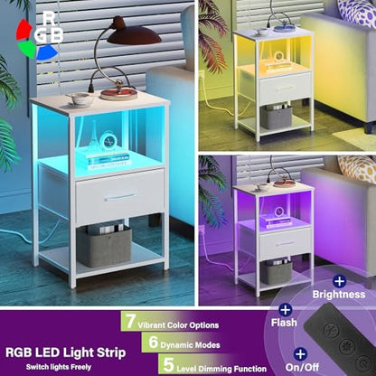TUTOTAK LED Nightstand Set of 2, Night Stand with Charging Station, End Table, Bedside Table with Fabric Drawer, Side Table for Livingroom and Bedroom, Whtie TB01BW0692L - color: White, style: Plug&LED