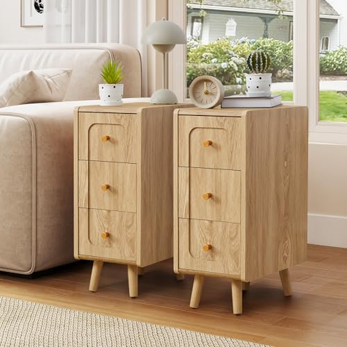 Small Nightstand Set of 2, Narrow Nightstand Slim Couch Side Table with Drawers, Wood End Tables with Storage for Living Room, Bedroom, Small Spaces (Natural-2pcs) - color: Natural-2pcs, size: 3 Drawers